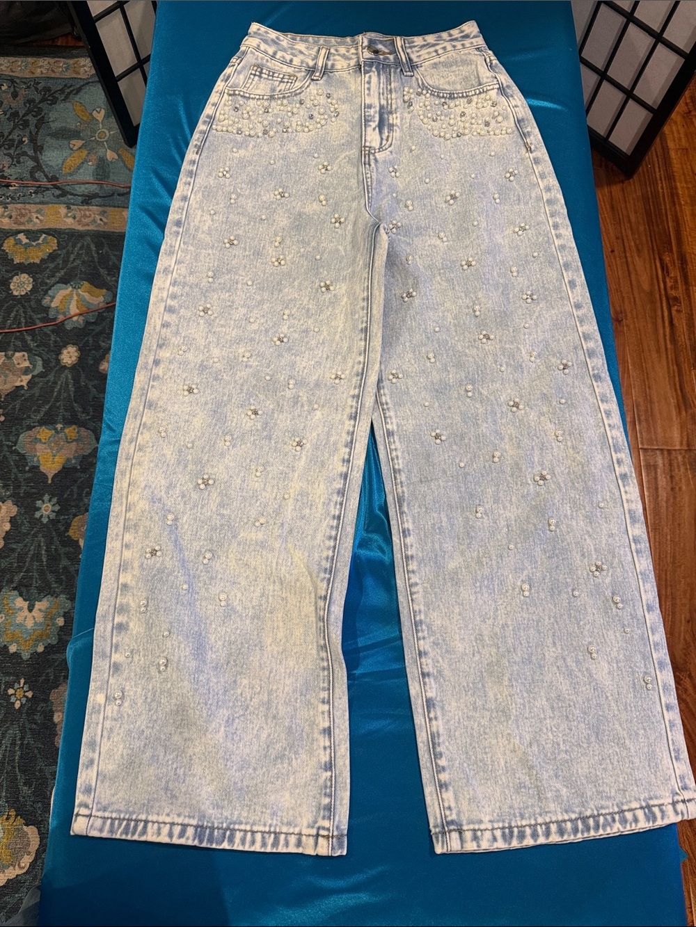 High-Rise Light Blue Wide Leg Jeans with Pearl Accents - Women